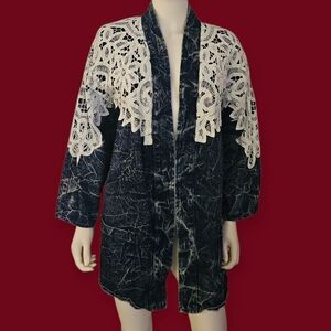 Vtg ULTRA 1980s Oversized White Lace Stonewash Denim Open Front Topper Jacket
